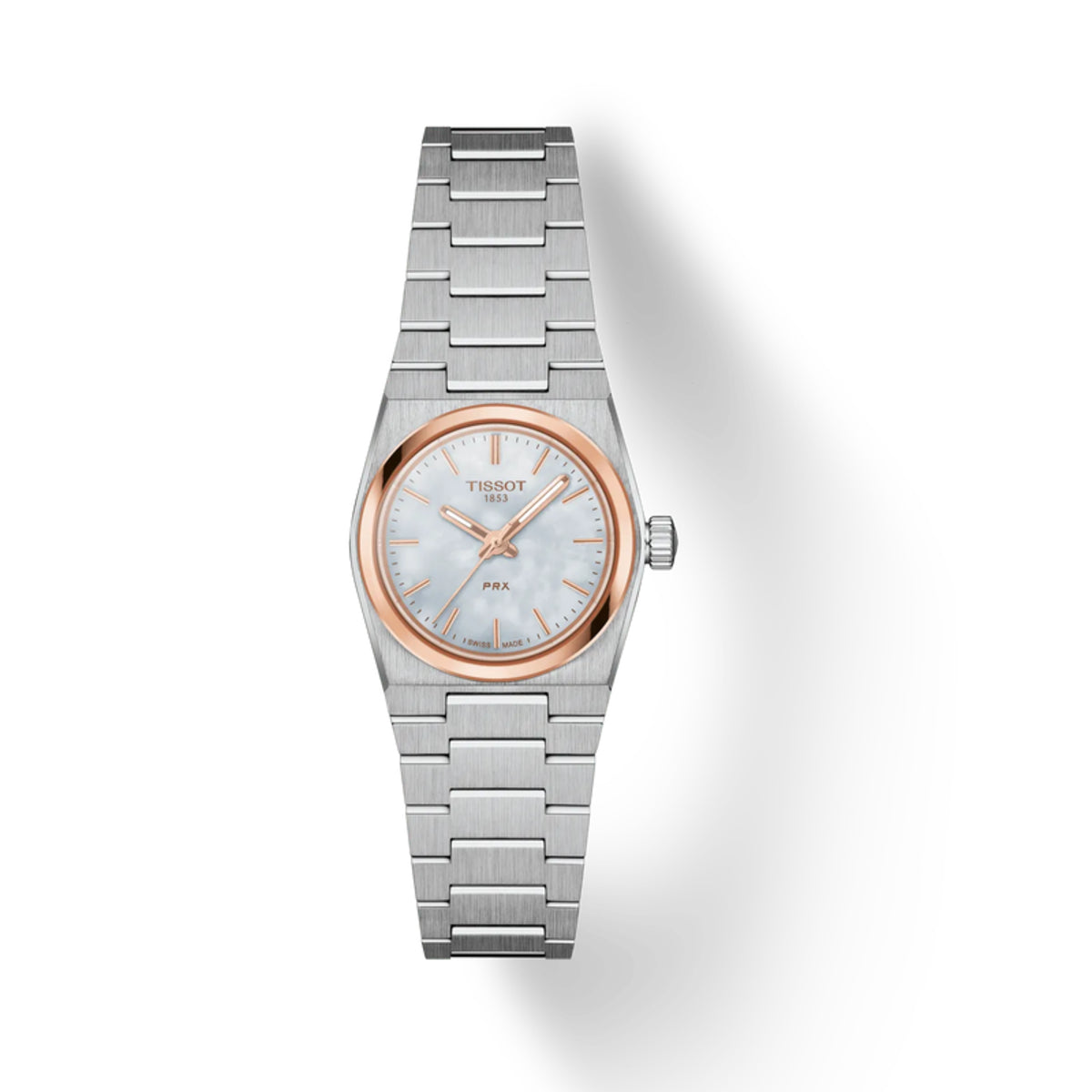 Silver watch with rose gold accents on a white background