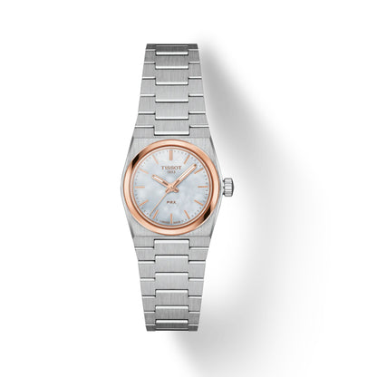 Silver watch with rose gold accents on a white background