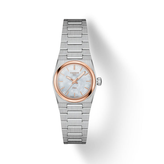 Silver watch with rose gold accents on a white background