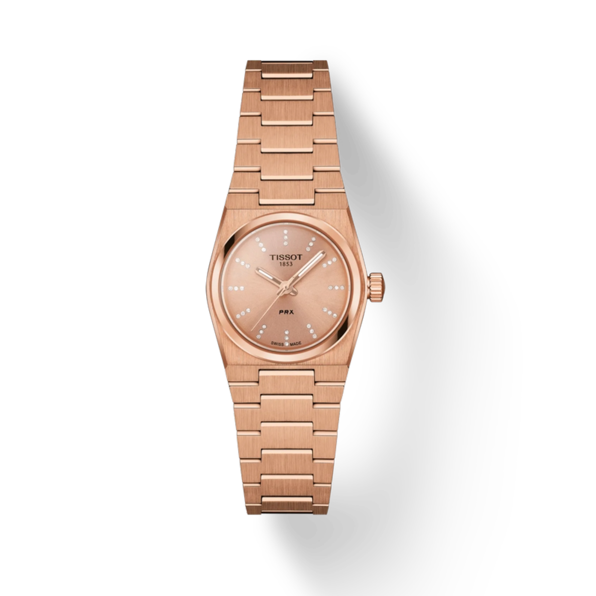 Rose gold Tissot watch on a white background