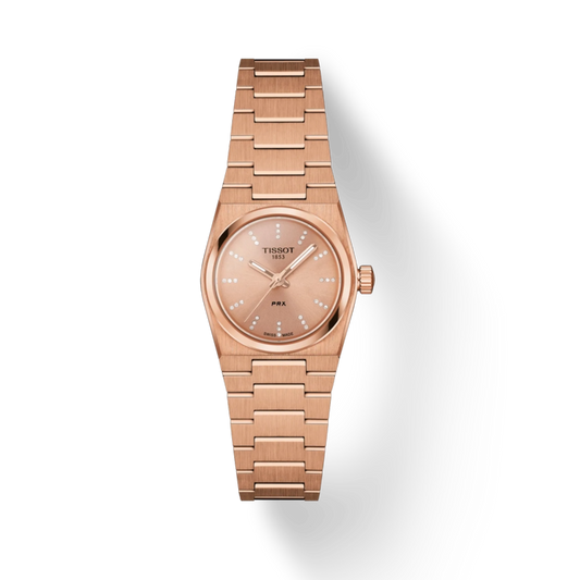 Rose gold Tissot watch on a white background
