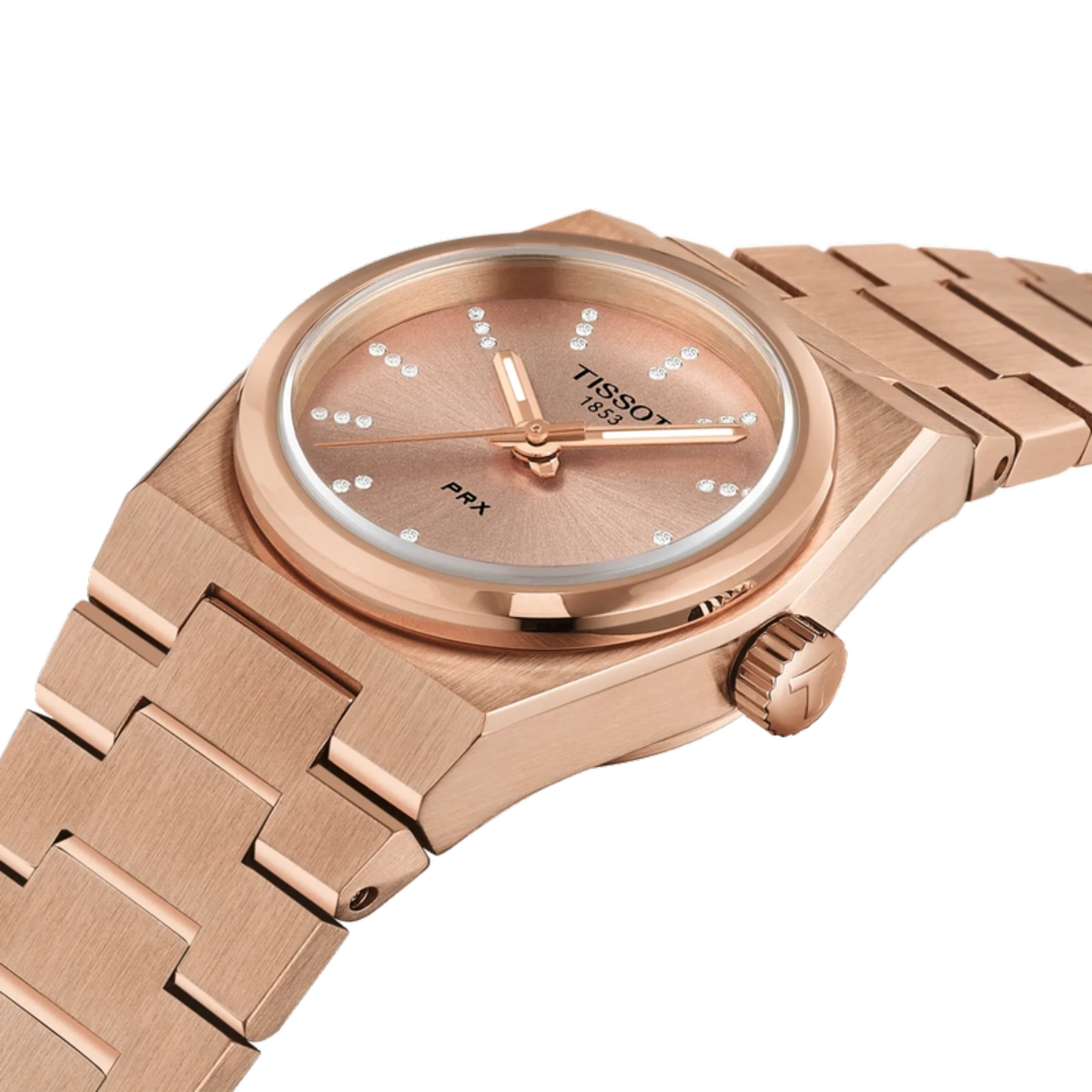Rose gold Tissot watch on a white background