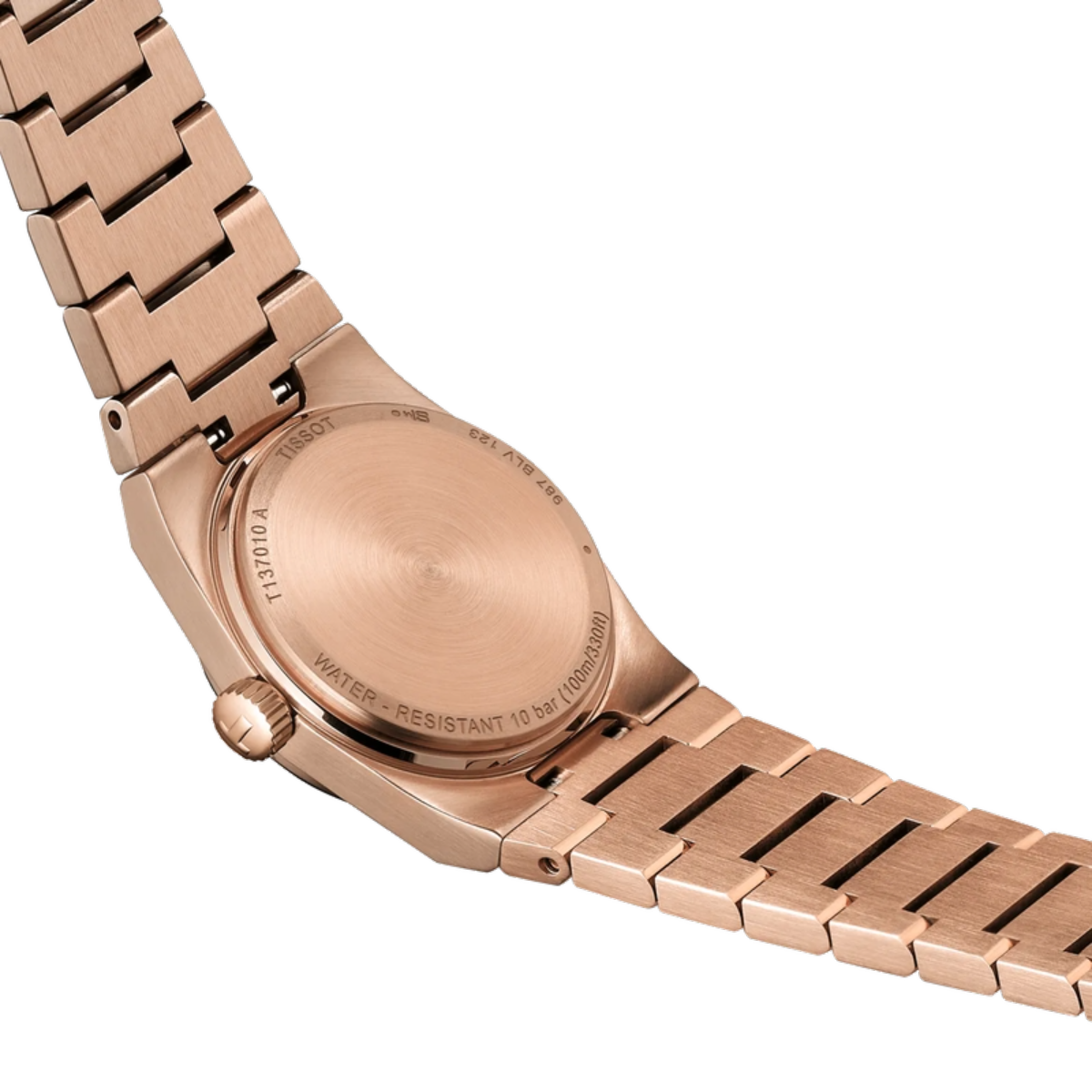 Rose gold watch with metal band on a white background