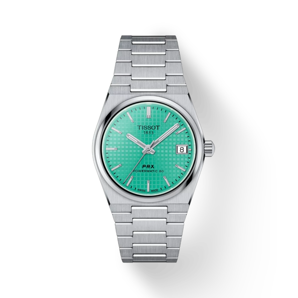 Tissot watch with silver bracelet and green face on a white background