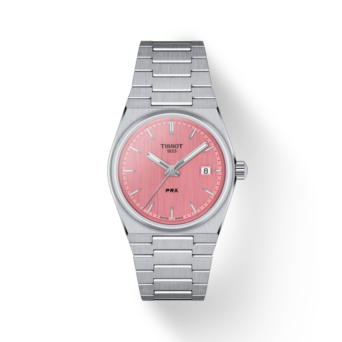 Tissot watch with pink face and silver metal strap on white background