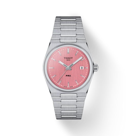 Tissot watch with pink face and silver metal strap on white background