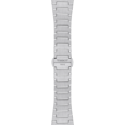 Stainless steel watch strap with Tissot logo on a white background