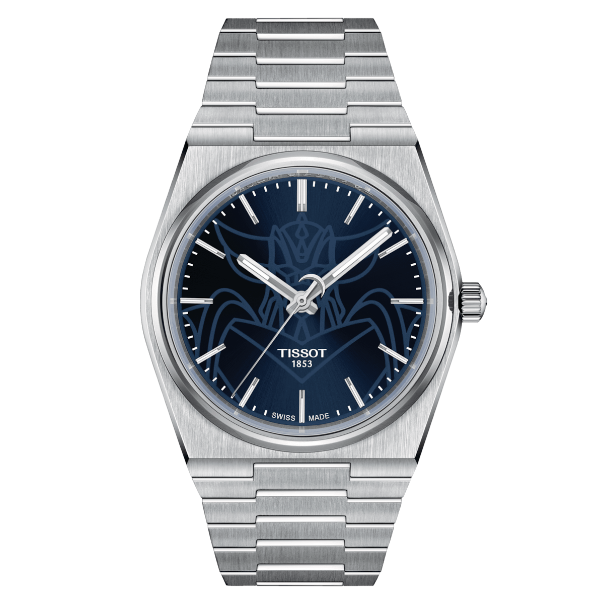 A Tissot PRX UFO Robot Grendizer watch with a blue dial, silver case, and bracelet, featuring a bold design with a pop culture theme.