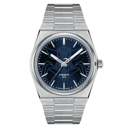 A Tissot PRX UFO Robot Grendizer watch with a blue dial, silver case, and bracelet, featuring a bold design with a pop culture theme.