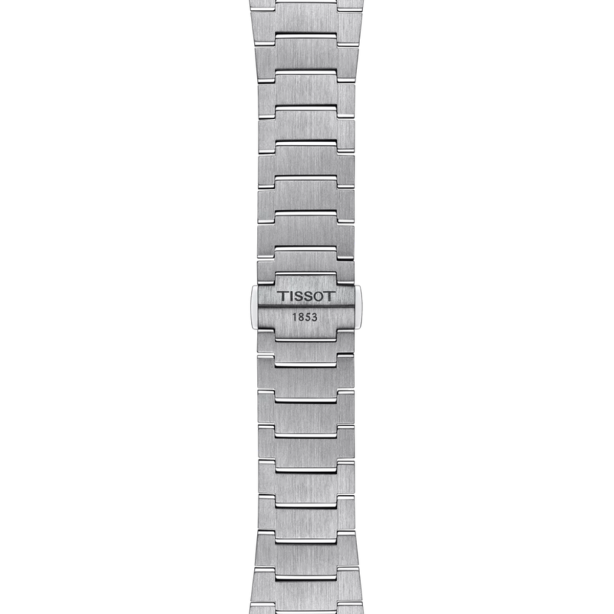 Silver watch strap with Tissot branding on a white background