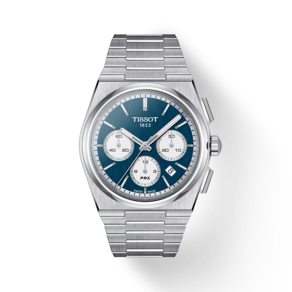Silver Tissot watch with blue face on a white background