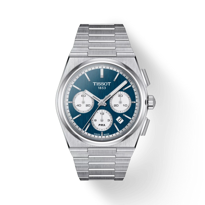 Silver Tissot watch with blue face on a white background