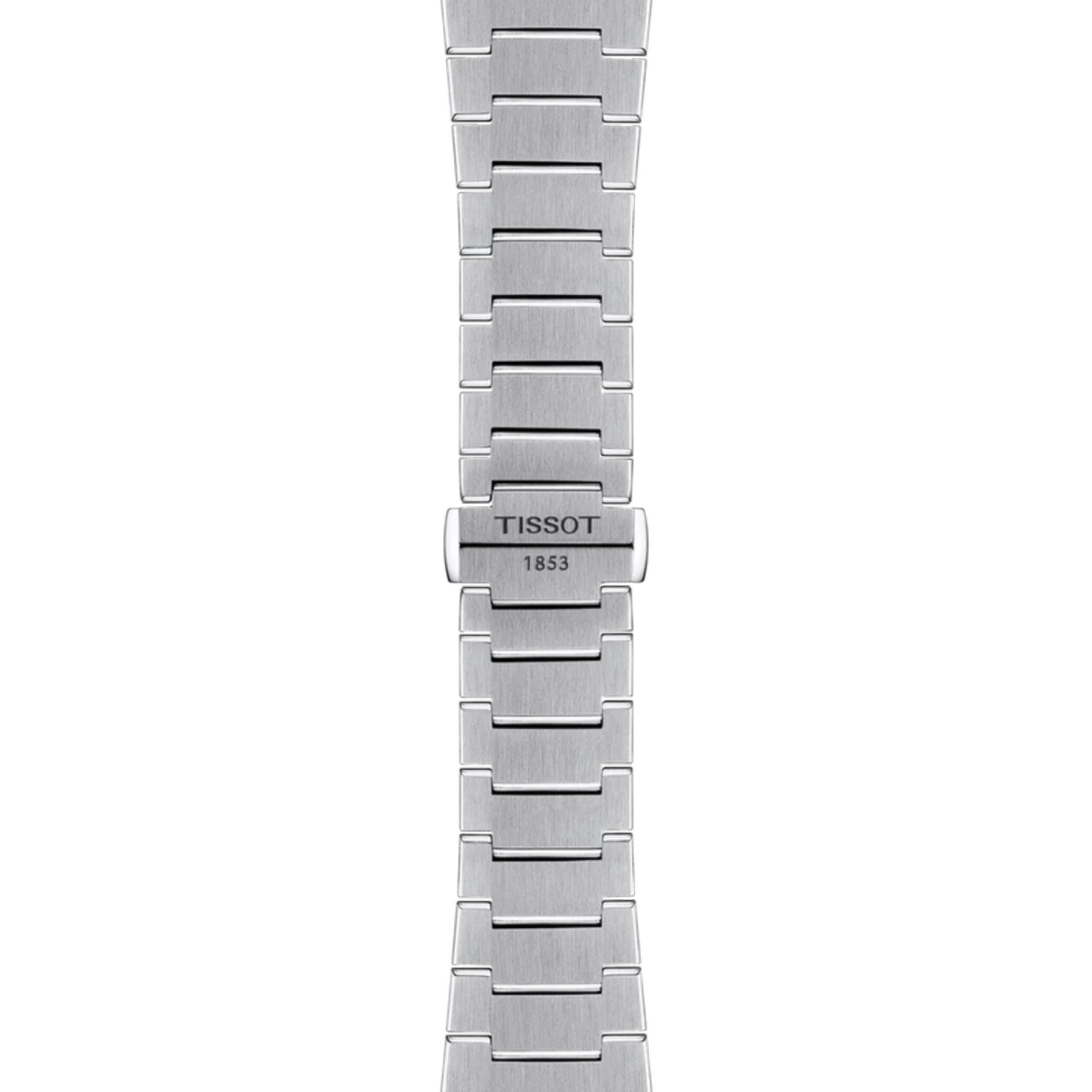 Silver watch strap with Tissot branding on a white background