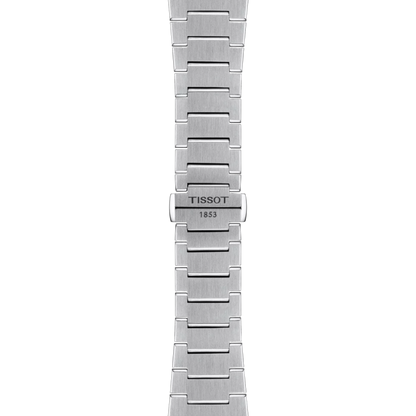 Silver watch strap with Tissot branding on a white background