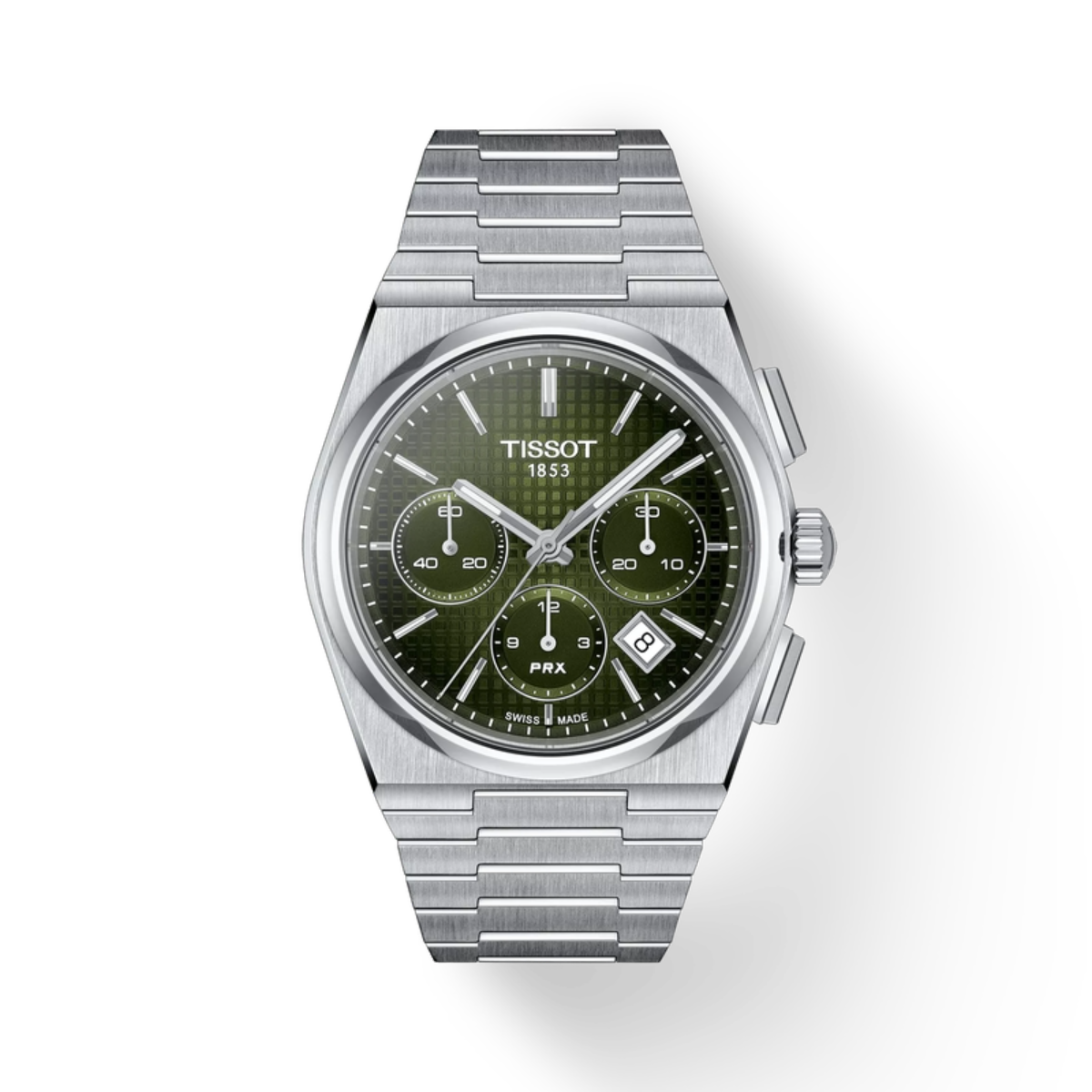 Silver Tissot watch with a green dial on a white background