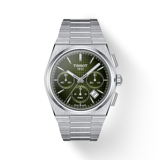 Silver Tissot watch with a green dial on a white background