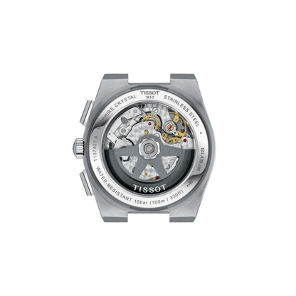 Tissot watch back cover with mechanical components on a white background