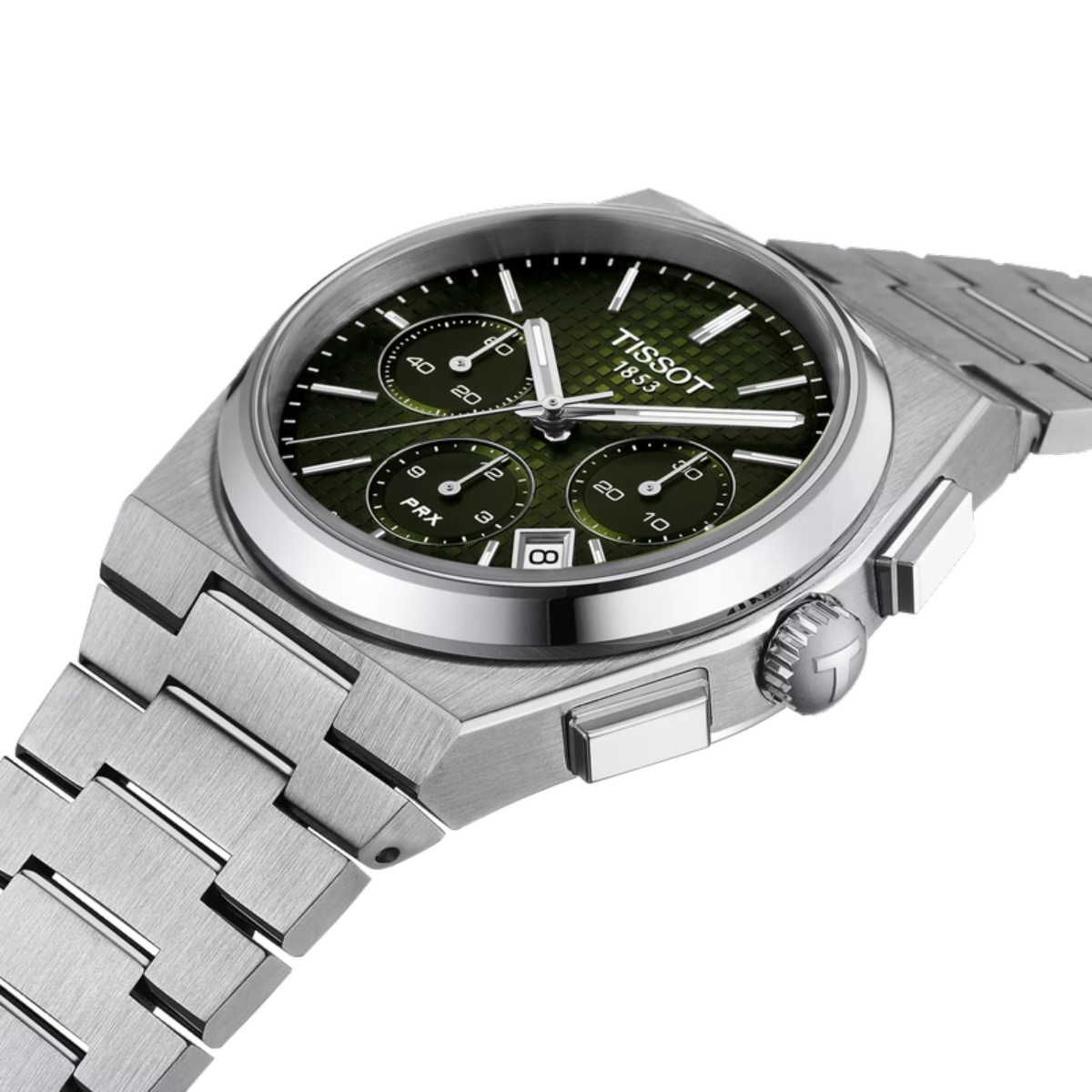 Silver Tissot watch with a dark green face on a white background