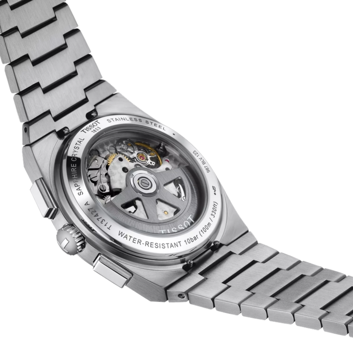 Close-up of a silver watch with visible brand name on a white background