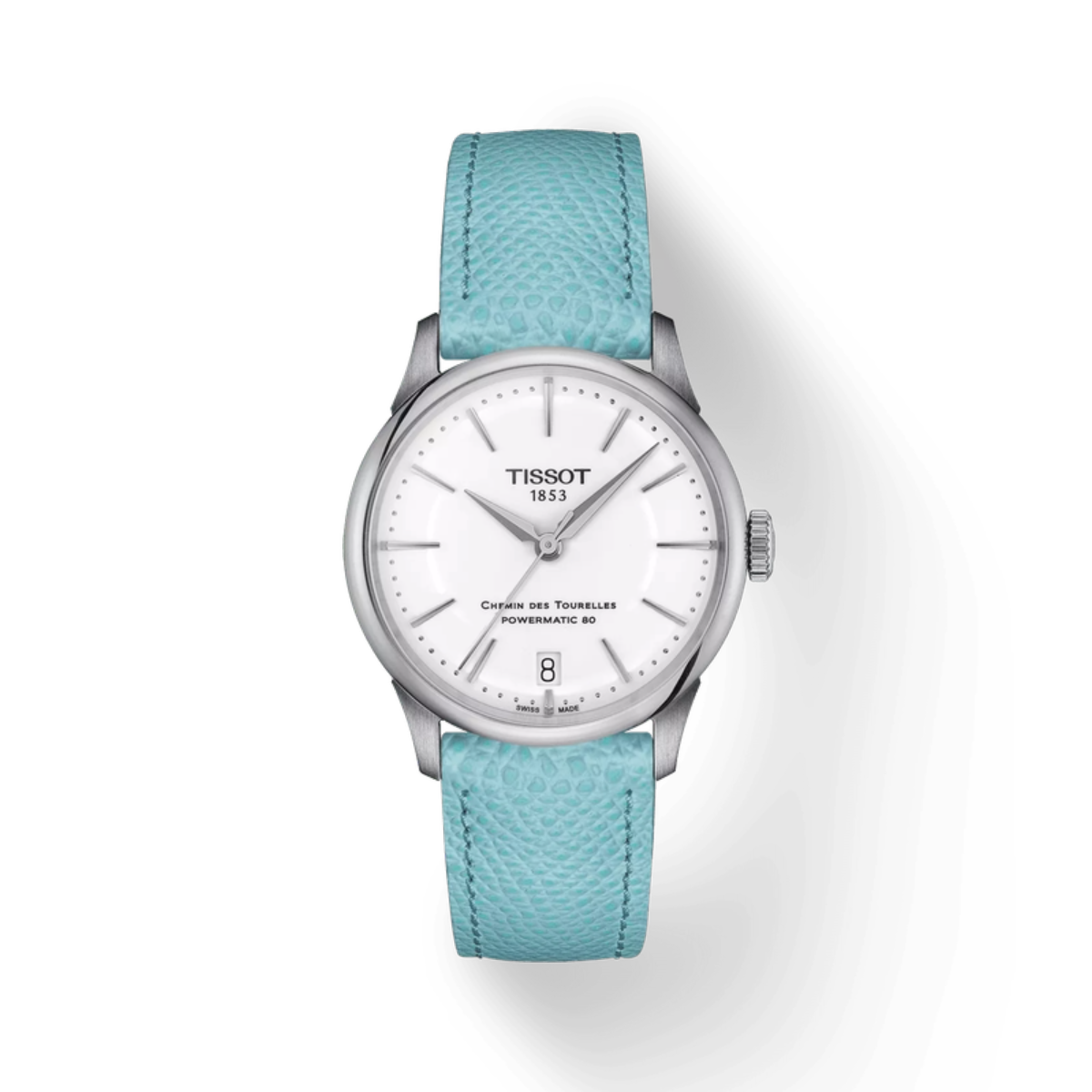 Tissot watch with turquoise strap on a white background