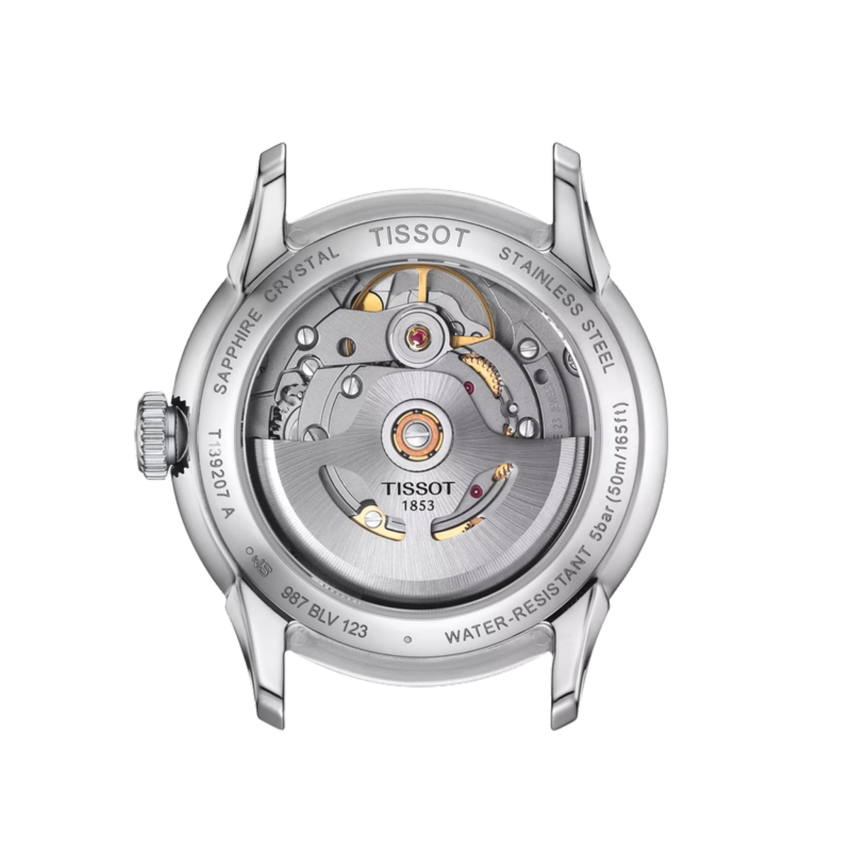 Tissot watch mechanism on a white background