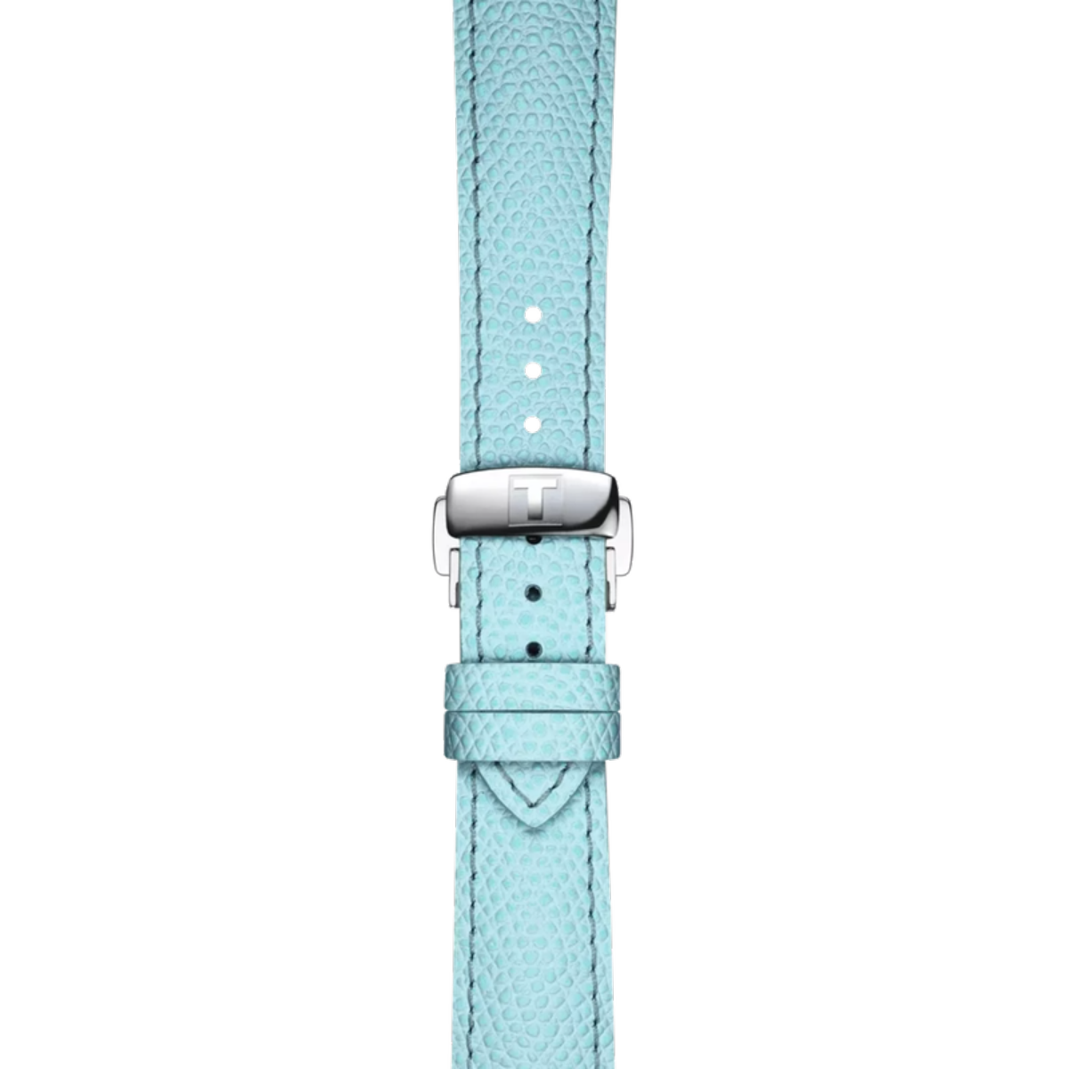 Light blue watch strap with silver buckle on a white background