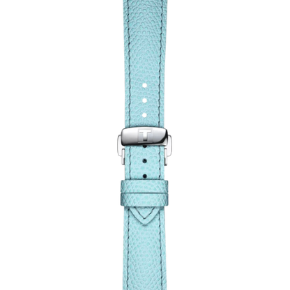 Light blue watch strap with silver buckle on a white background