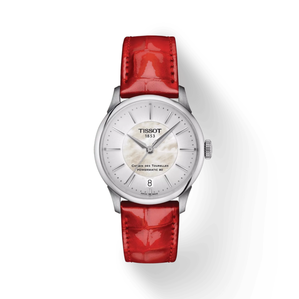 Tissot watch with a red leather strap on a white background