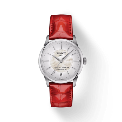 Tissot watch with a red leather strap on a white background