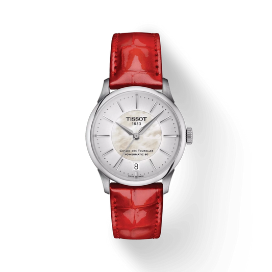 Tissot watch with a red leather strap on a white background