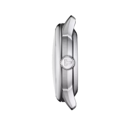 Silver watch with brand logo on a white background