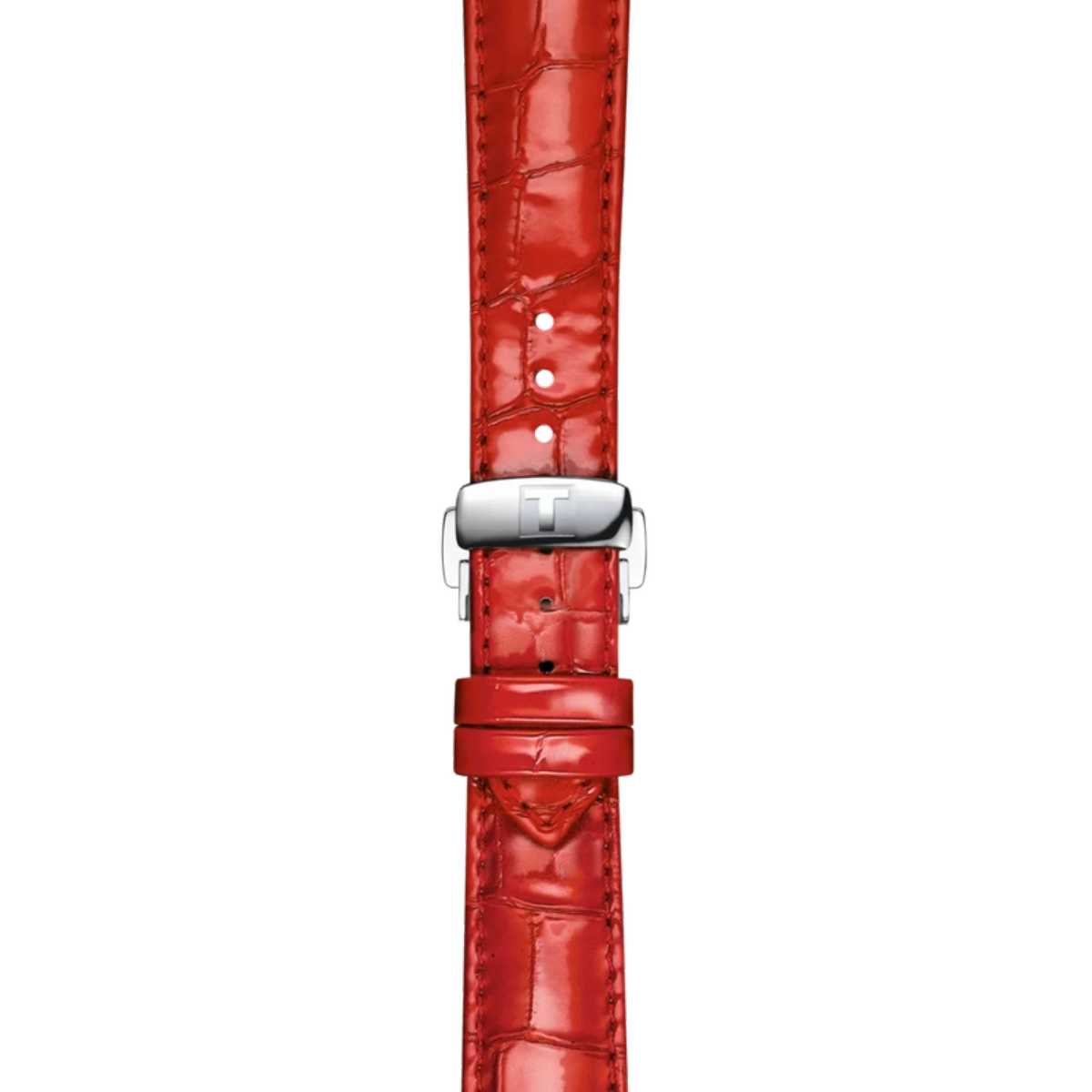 Red crocodile-patterned watch strap with silver buckle on a white background