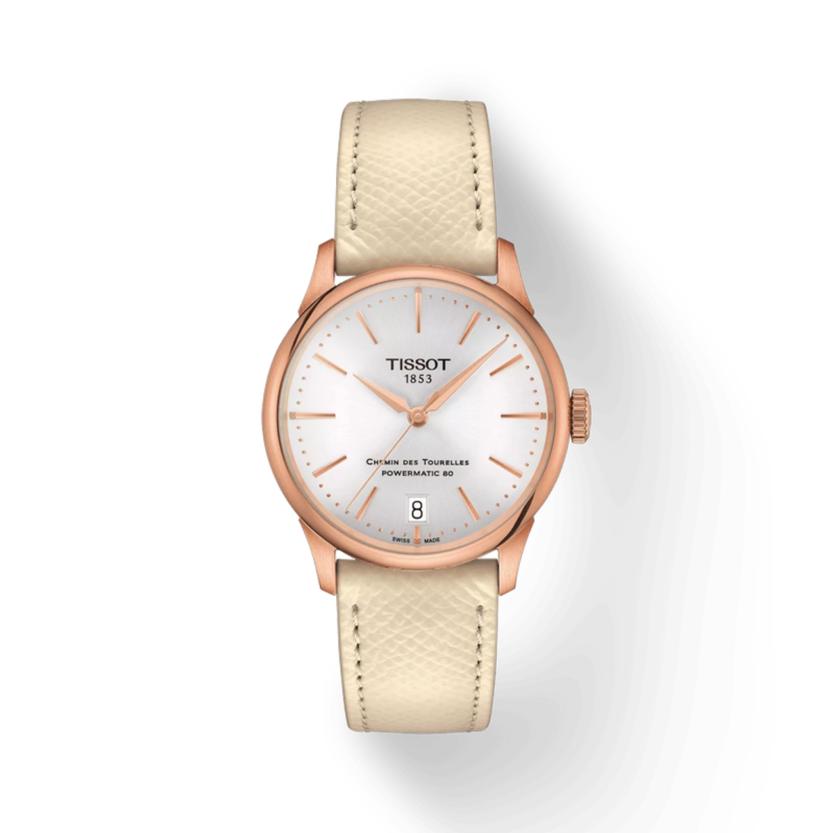 Tissot watch with beige strap and rose gold case on a white background
