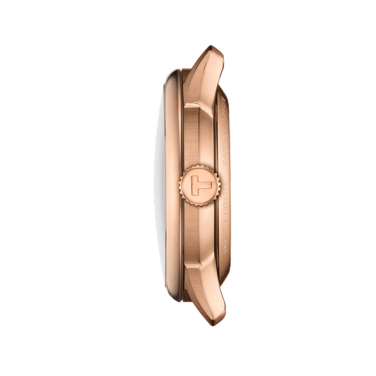 Rose gold watch case on a white background