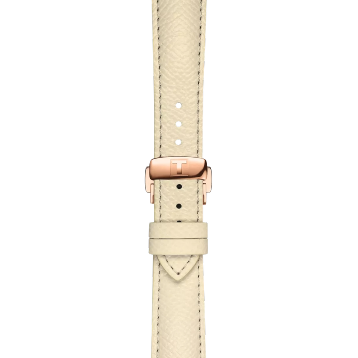 Beige watch strap with rose gold buckle on a white background