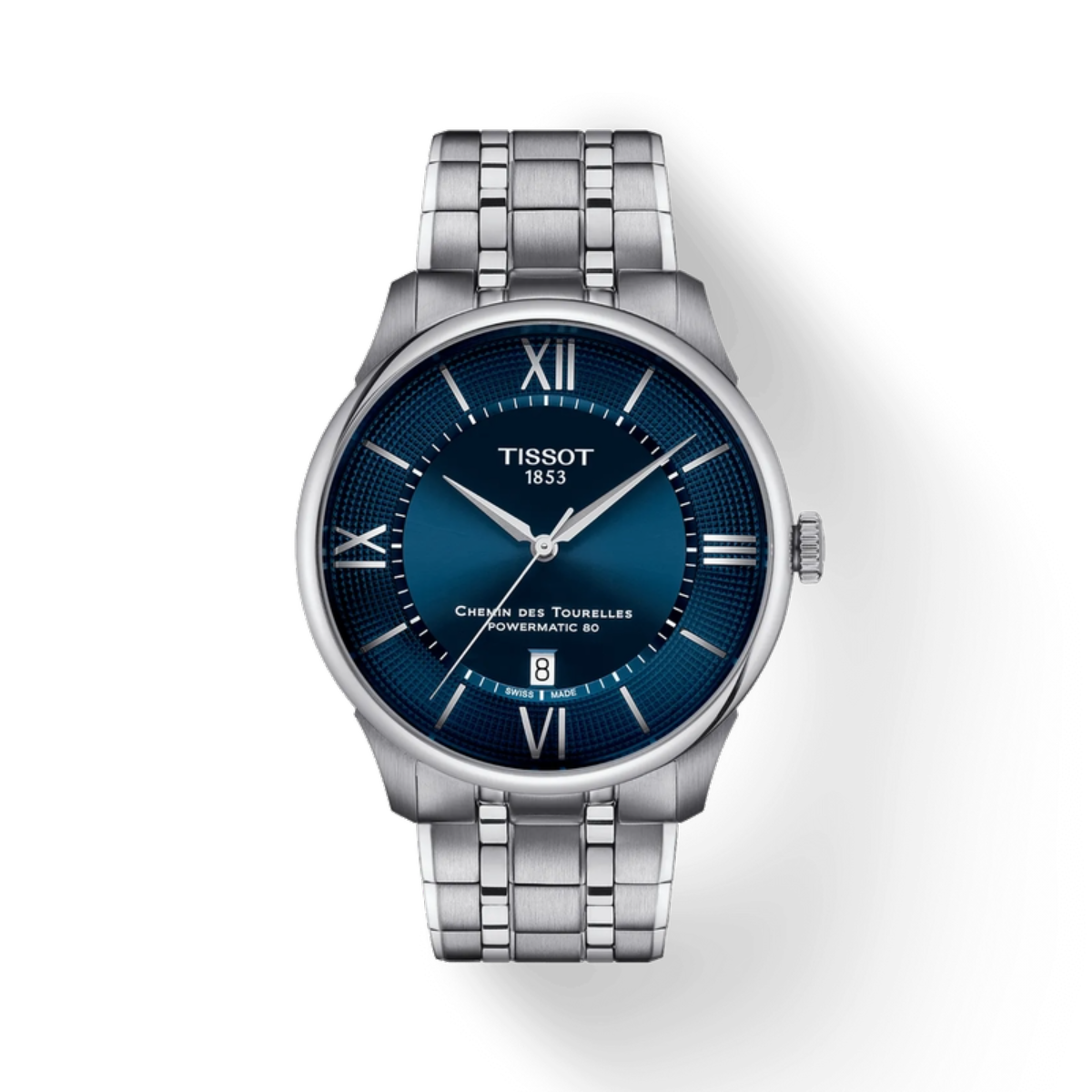 Tissot watch with blue dial and silver metal bracelet on a white background
