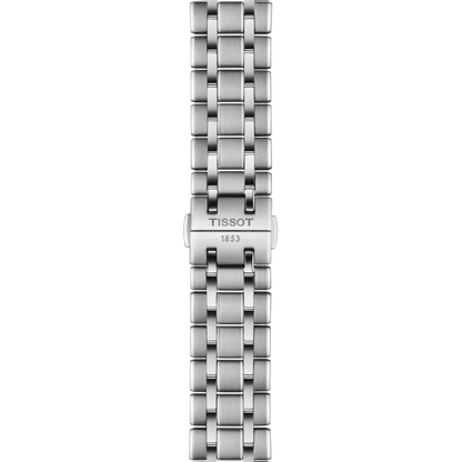 Silver watch bracelet with Tissot logo on a white background
