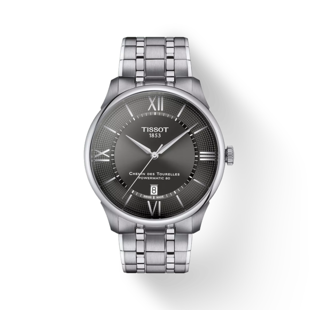 Tissot watch with silver bracelet and dark face on a white background