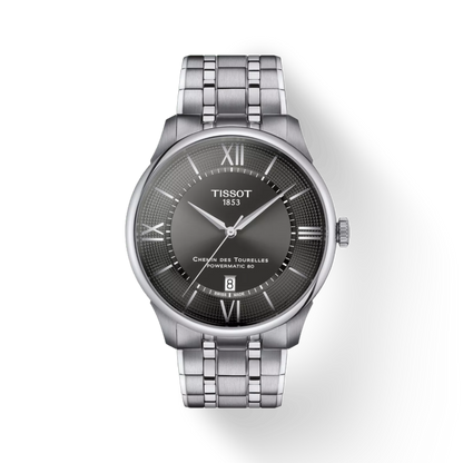 Tissot watch with silver bracelet and dark face on a white background
