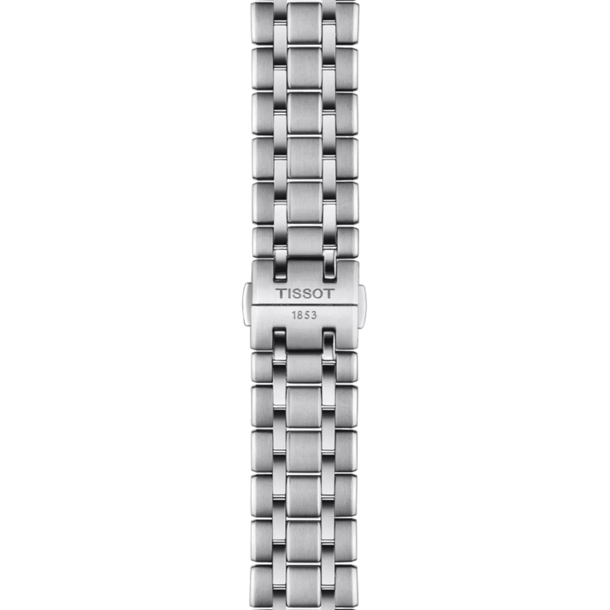 Silver watch bracelet with Tissot logo on a white background