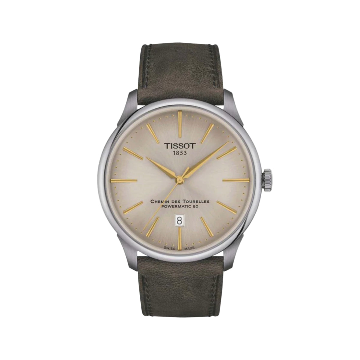 Tissot watch with brown leather strap on a white background