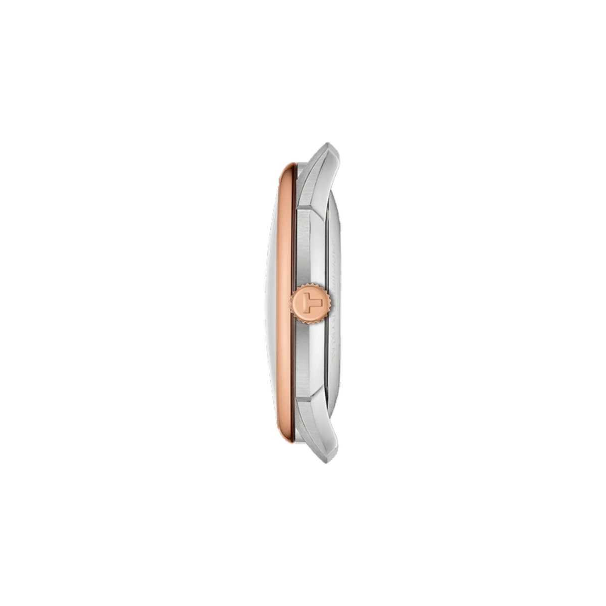 Close-up of a watch with a rose gold and silver design on a white background