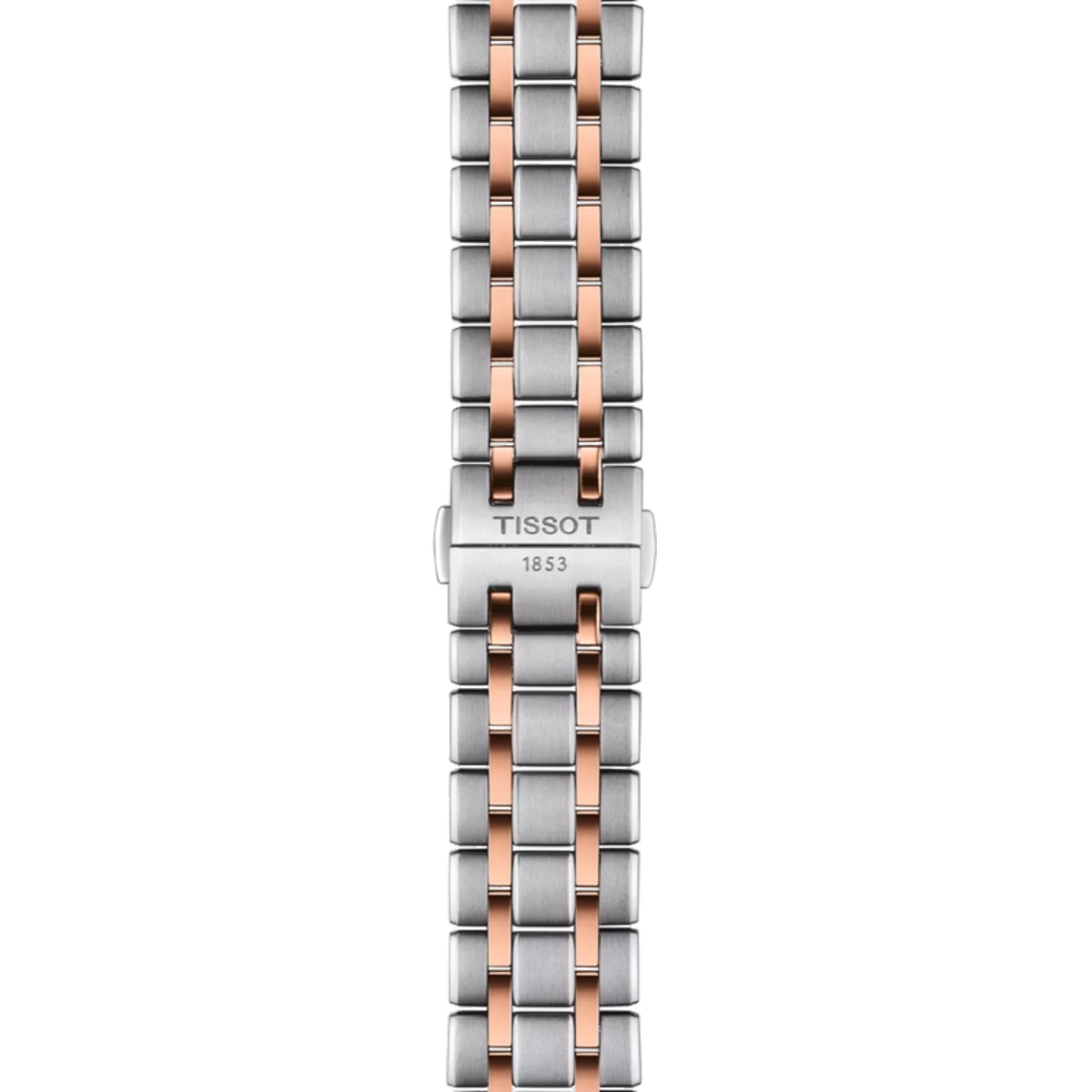 Tissot watch with beige strap and rose gold case on white background