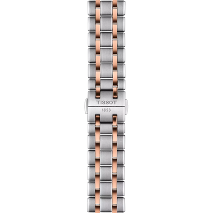 Tissot watch with beige strap and rose gold case on white background