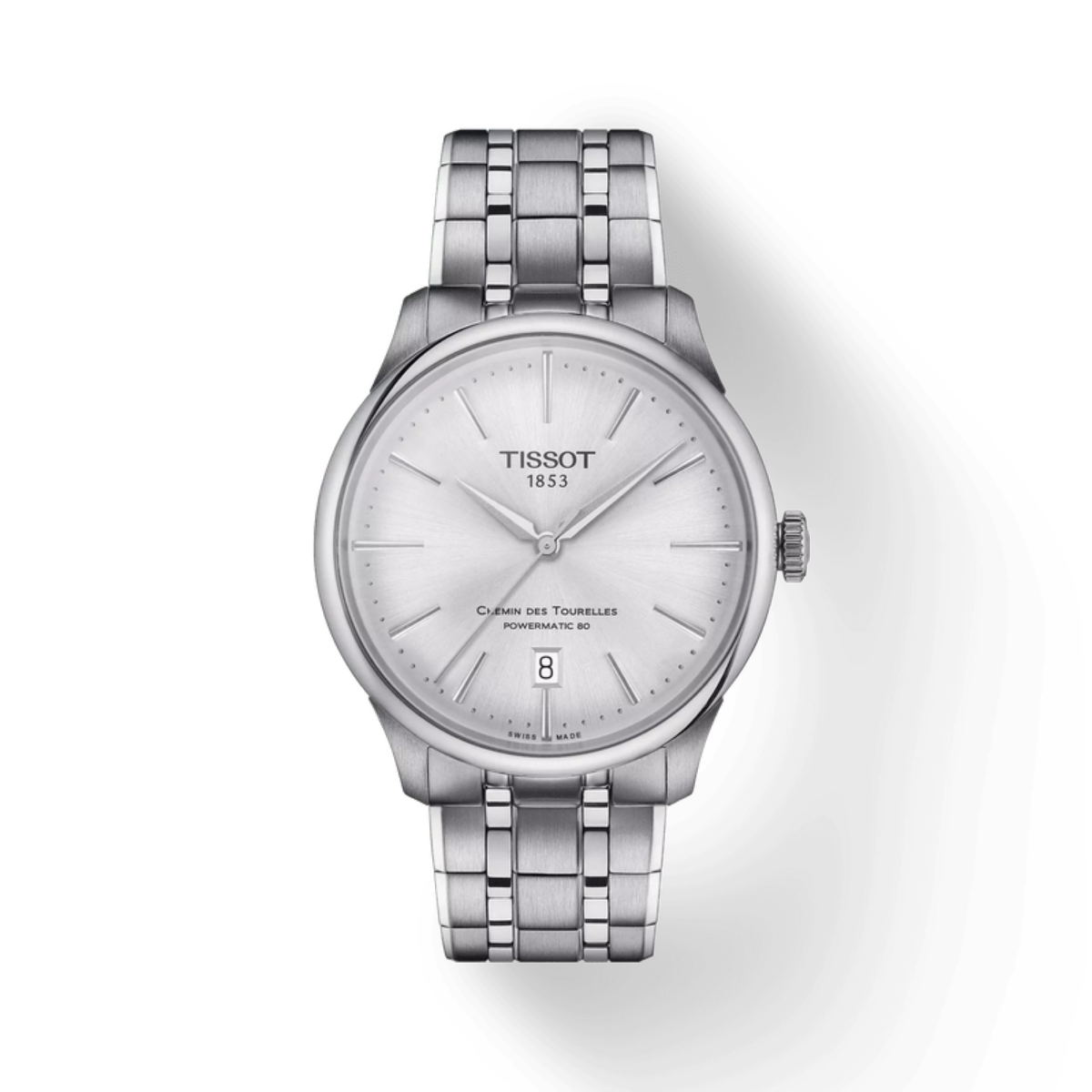 Silver Tissot watch on a white background