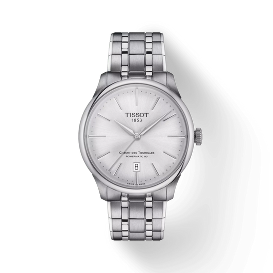 Silver Tissot watch on a white background