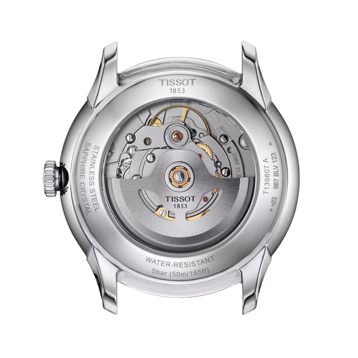 Tissot watch mechanism on a white background