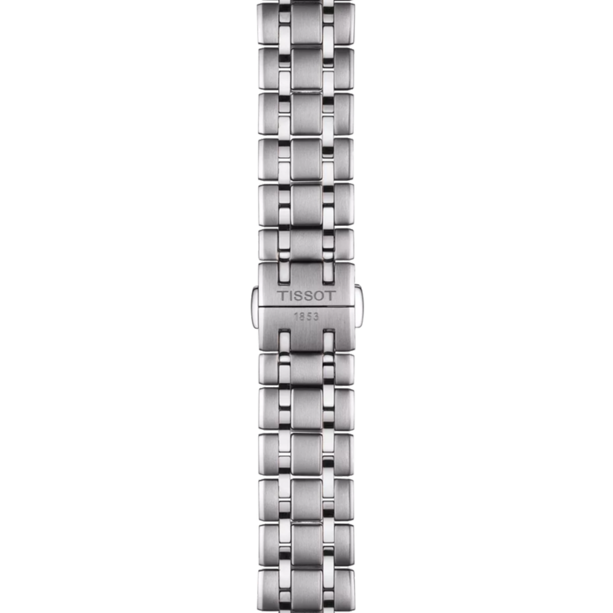 Silver watch bracelet with Tissot logo on a white background