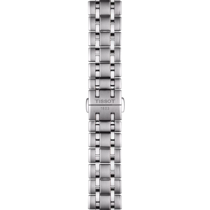 Silver watch bracelet with Tissot logo on a white background