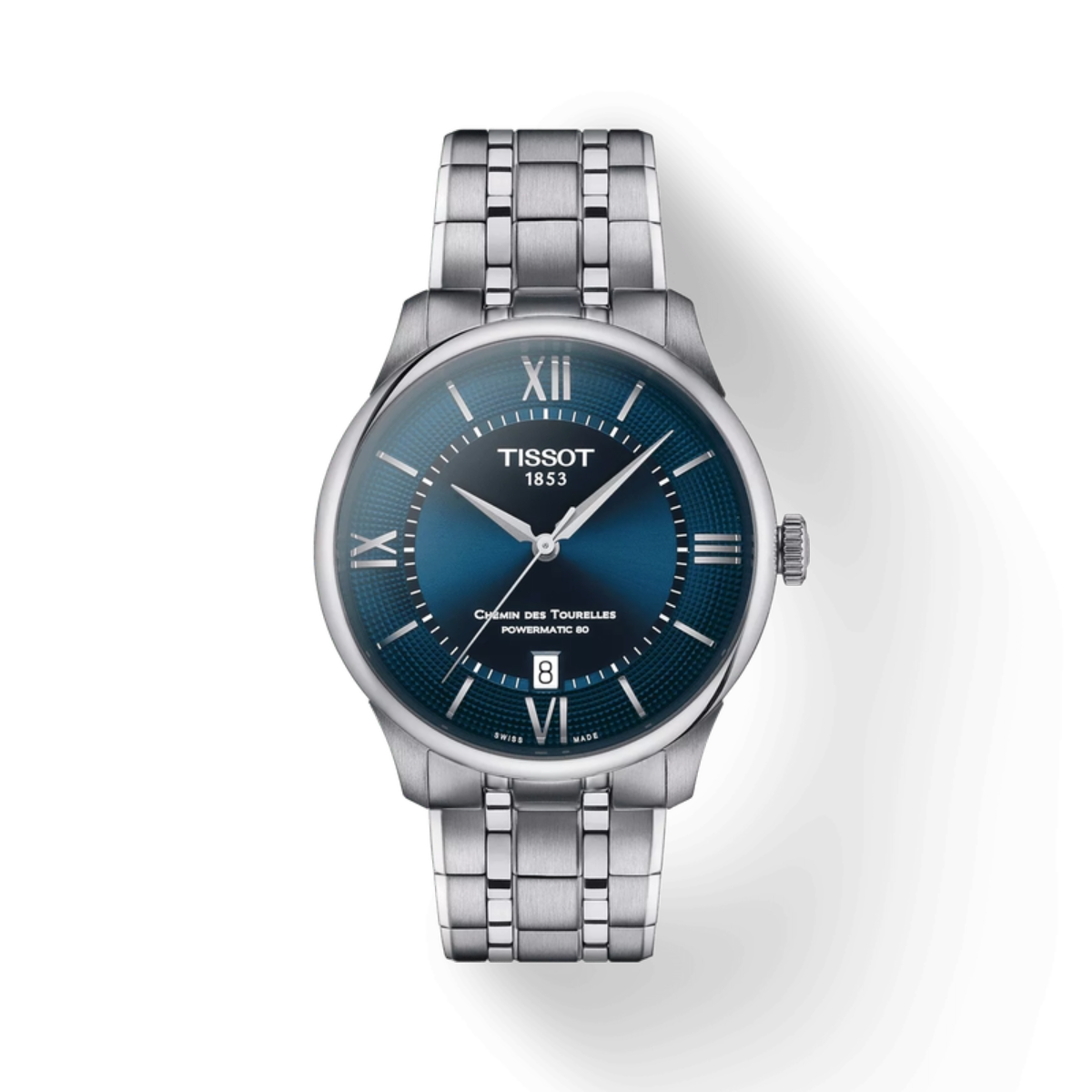 Tissot watch with blue dial and silver bracelet on a white background